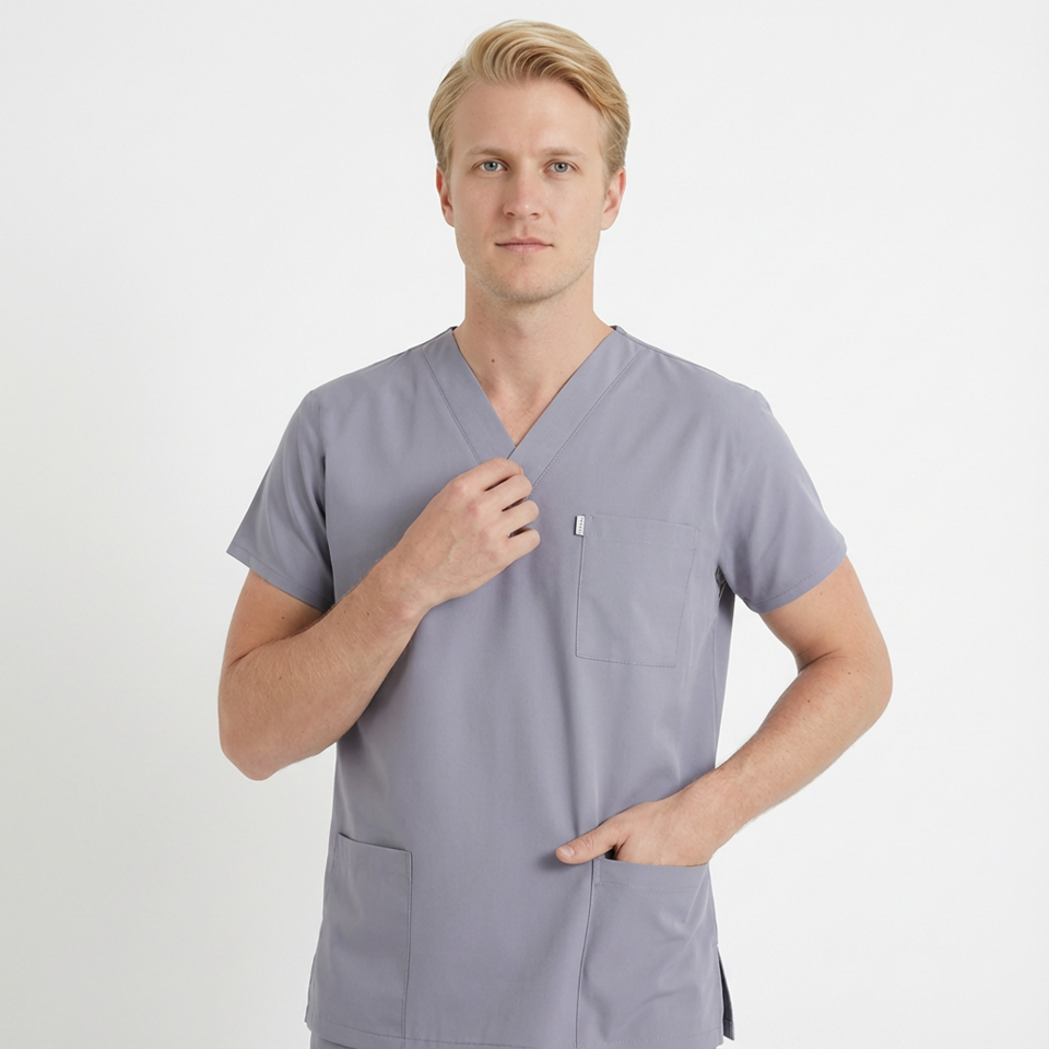 Terycoton Kumaş Klasik Seri Erkek Açık Gri Scrubs