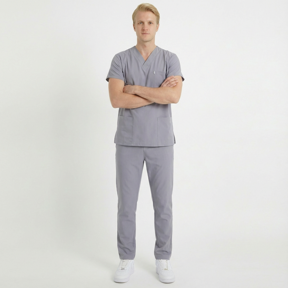 Terycoton Kumaş Klasik Seri Erkek Açık Gri Scrubs