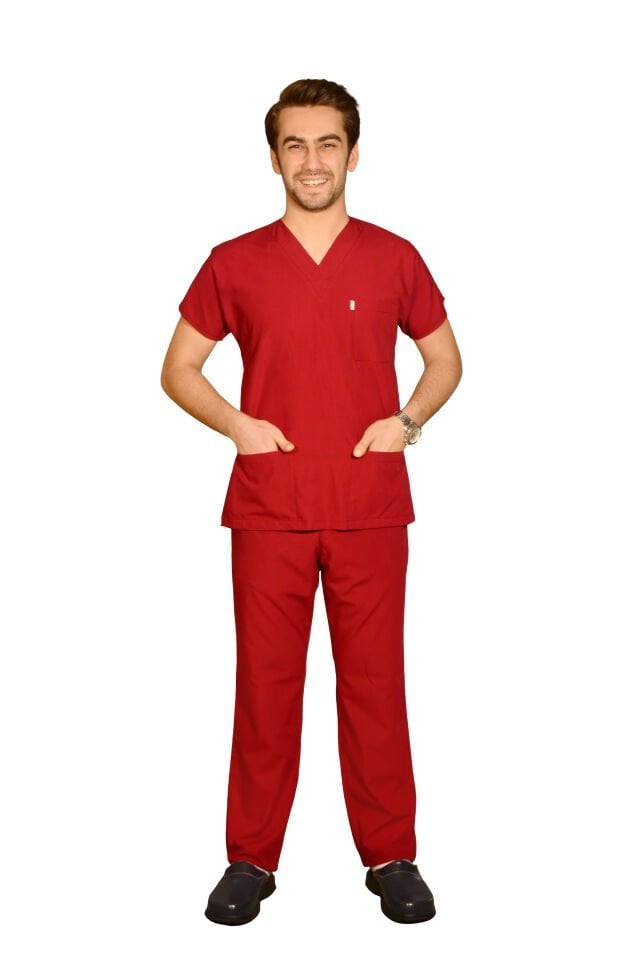 Terycoton Kumaş Klasik Seri Erkek  Bordo Scrubs Terycoton