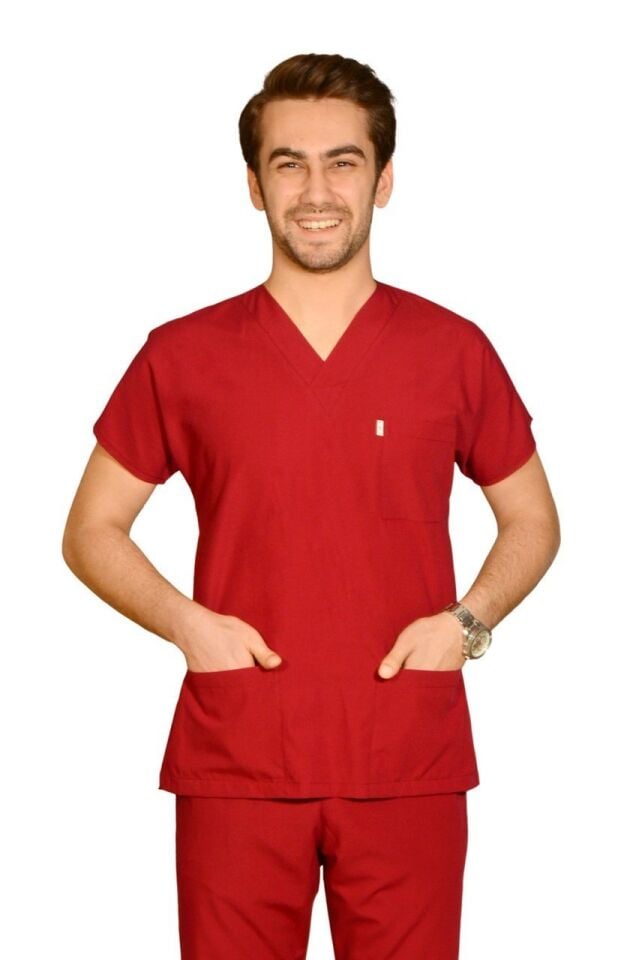 Terycoton Kumaş Klasik Seri Erkek  Bordo Scrubs Terycoton