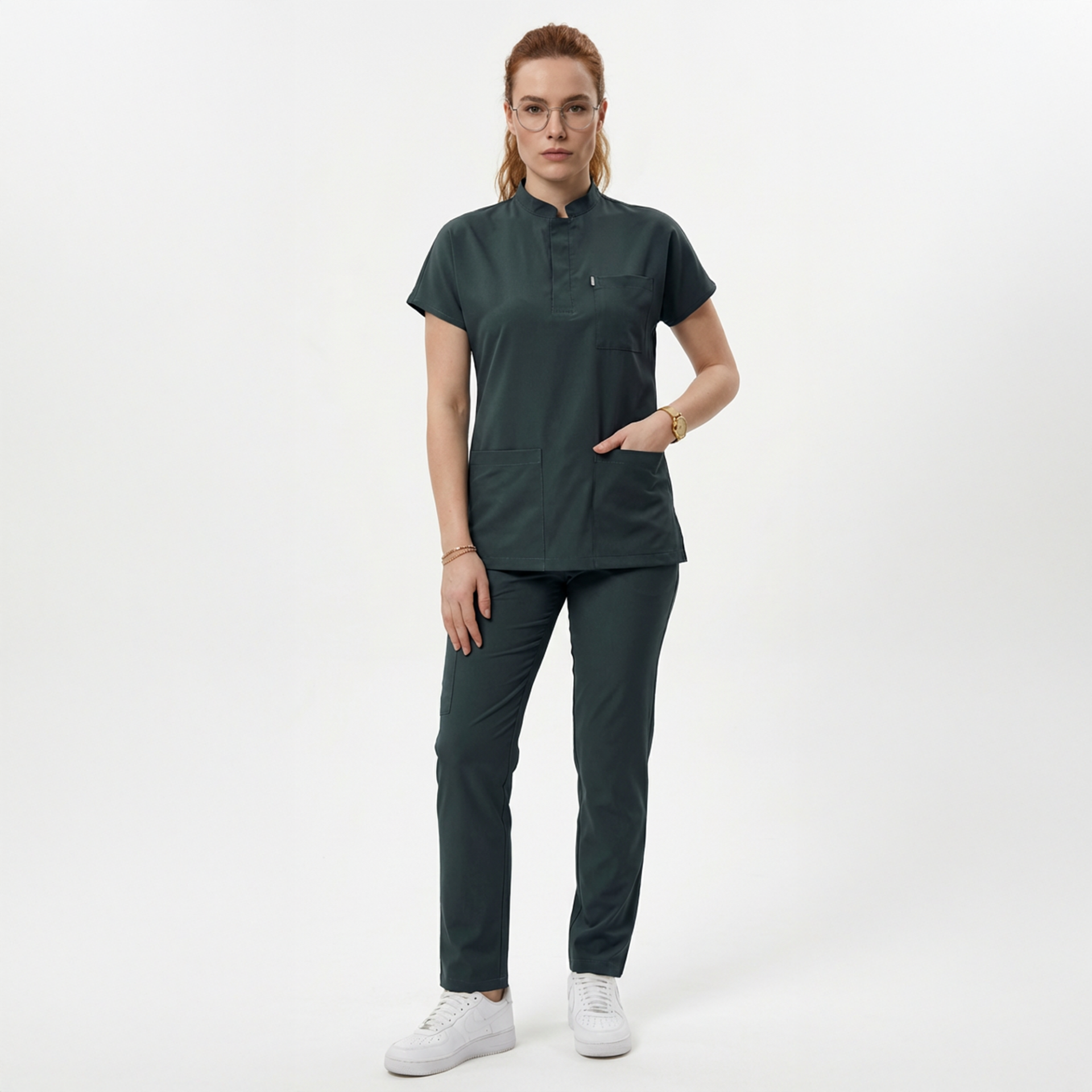 Likralı Snap Seri Kadın Avcı Yeşili Scrubs