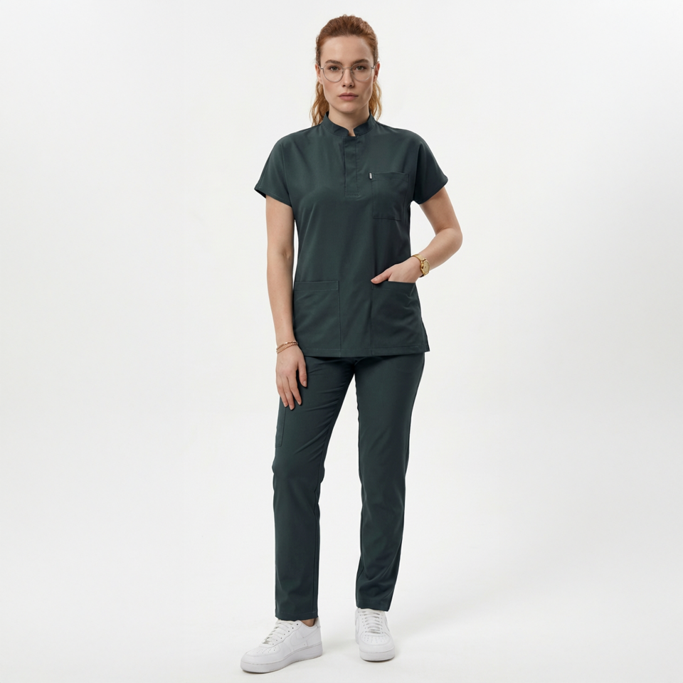 Likralı Snap Seri Kadın Avcı Yeşili Scrubs