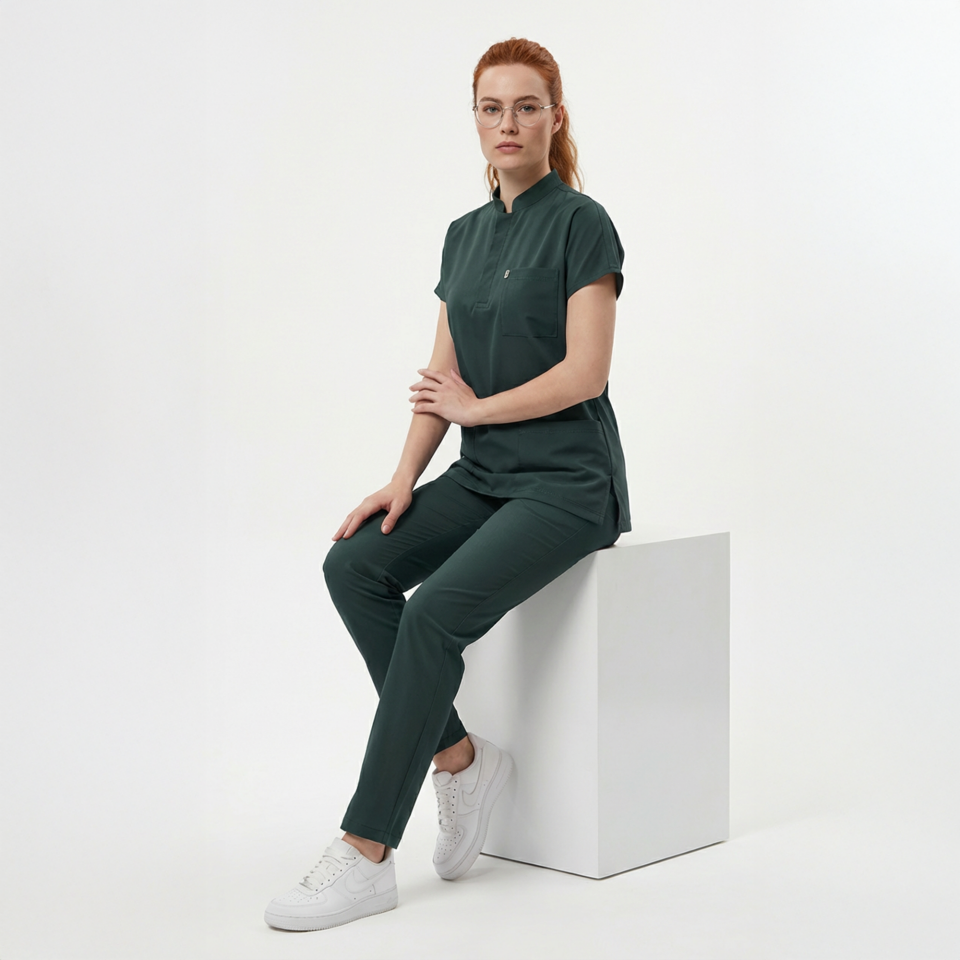 Likralı Snap Seri Kadın Avcı Yeşili Scrubs