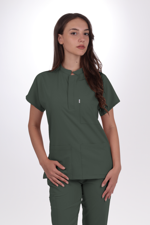 Likralı Snap Seri Kadın Avcı Yeşili Scrubs