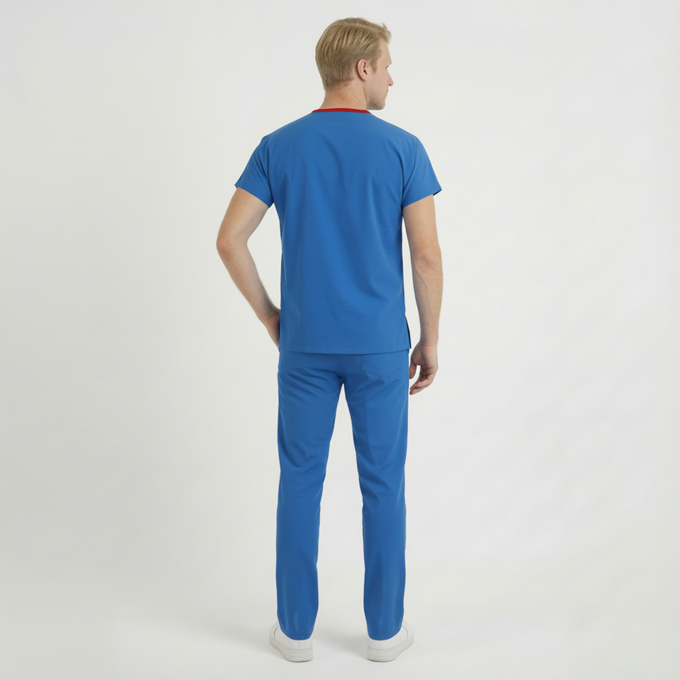 Terycoton Kumaş Klasik Seri Erkek Saks Mavisi Scrubs