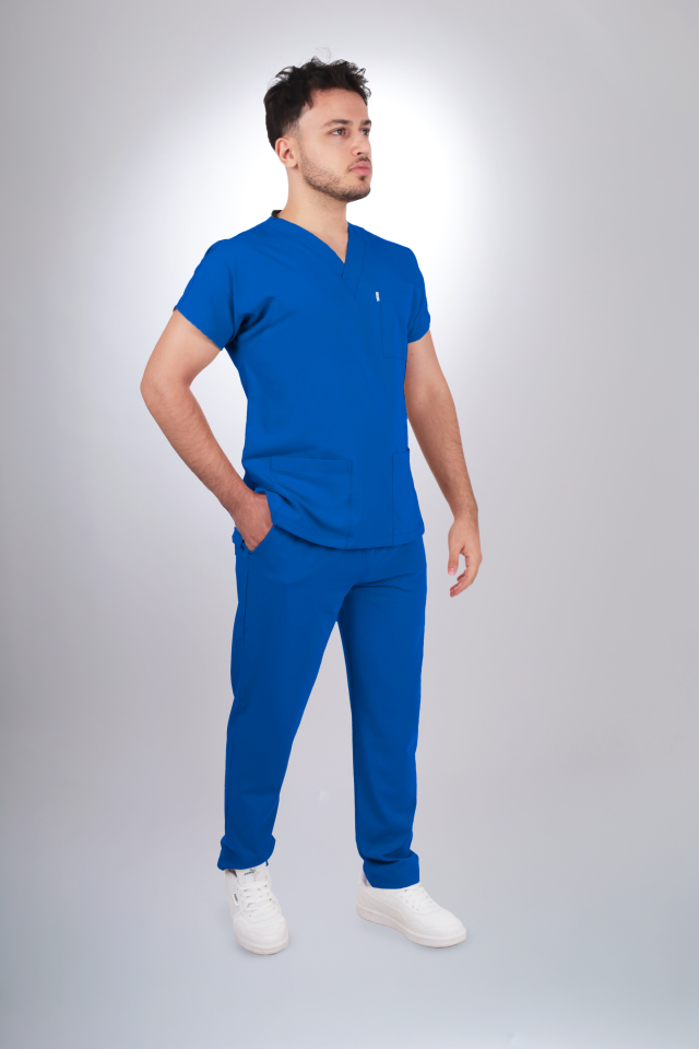 Terycoton Kumaş Klasik Seri Erkek Saks Mavisi Scrubs