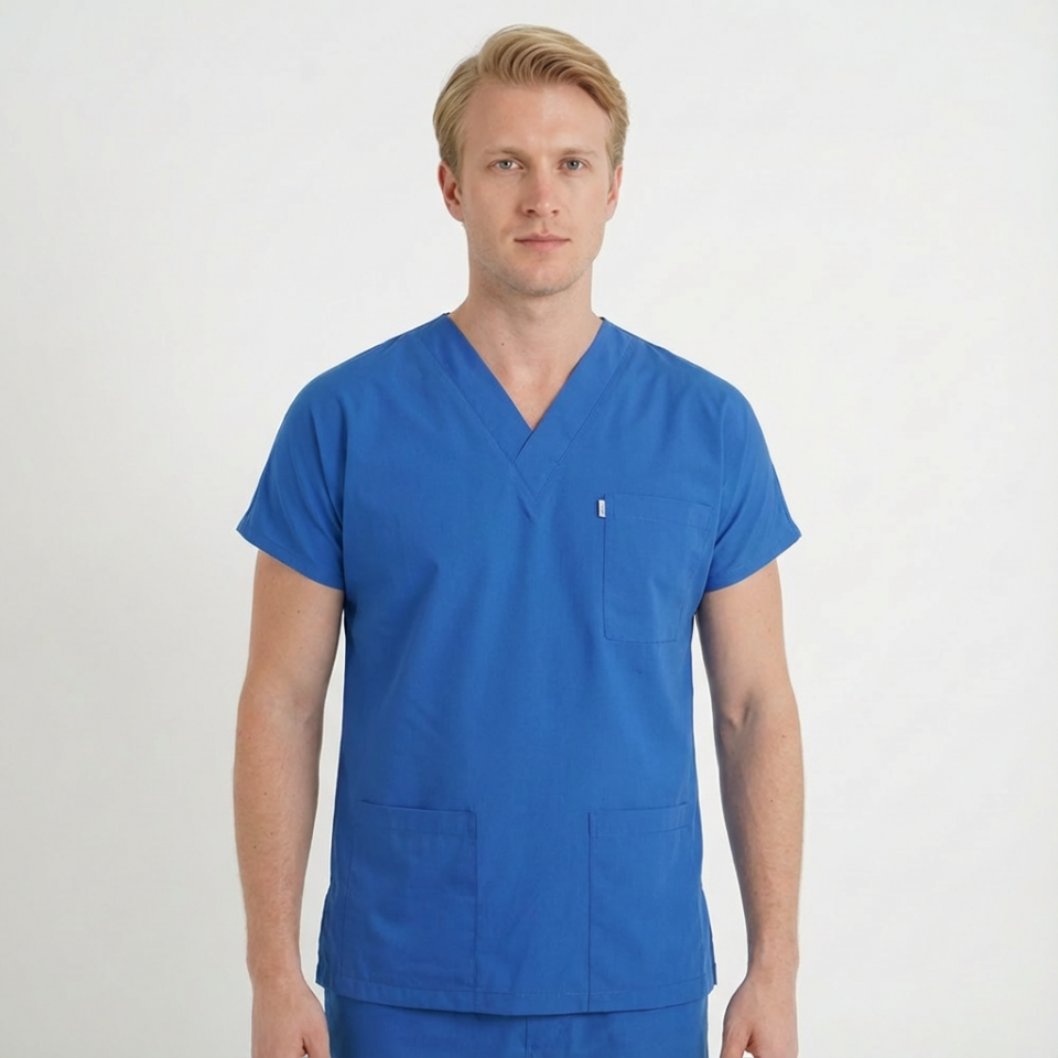 Terycoton Kumaş Klasik Seri Erkek Saks Mavisi Scrubs