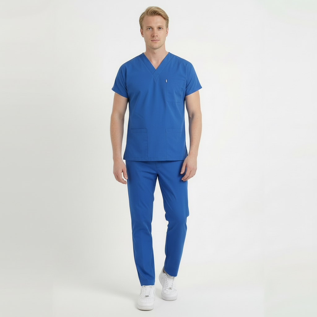 Terycoton Kumaş Klasik Seri Erkek Saks Mavisi Scrubs