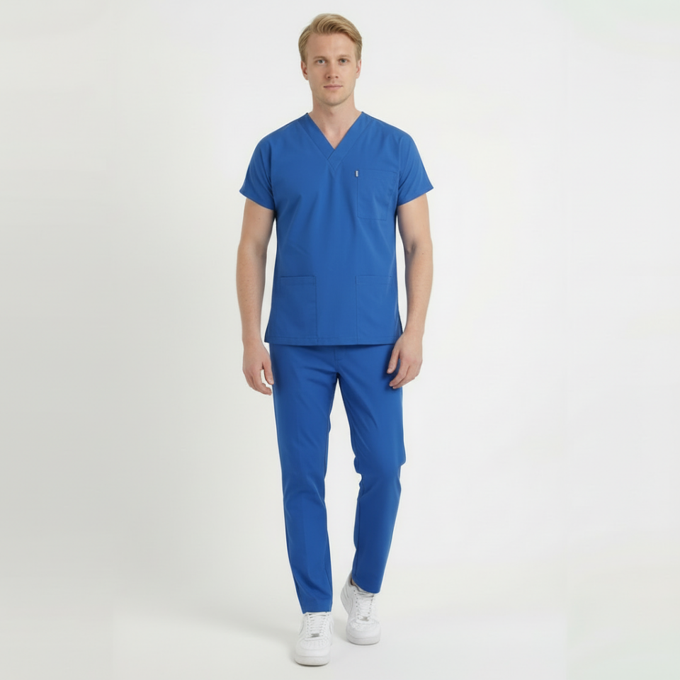 Terycoton Kumaş Klasik Seri Erkek Saks Mavisi Scrubs