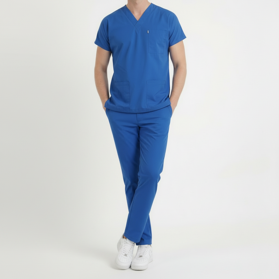Terycoton Kumaş Klasik Seri Erkek Saks Mavisi Scrubs