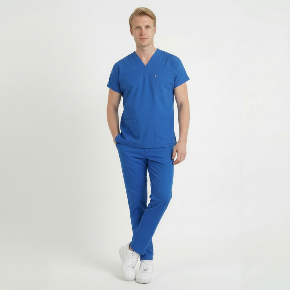 Terycoton Kumaş Klasik Seri Erkek Saks Mavisi Scrubs