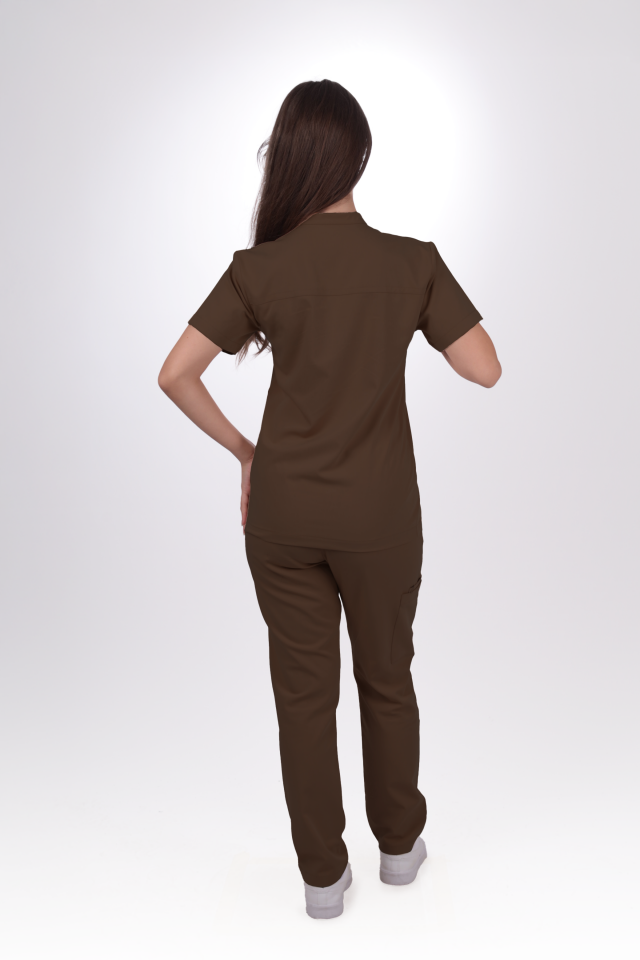 Premium Likralı SnapPrime Seri Kadın Kahverengi Scrubs