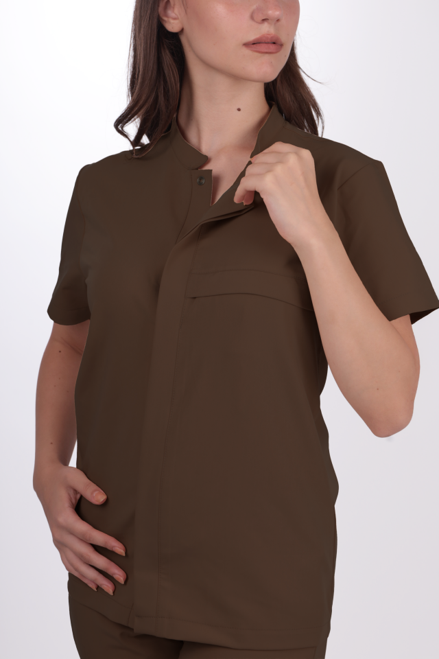 Premium Likralı SnapPrime Seri Kadın Kahverengi Scrubs