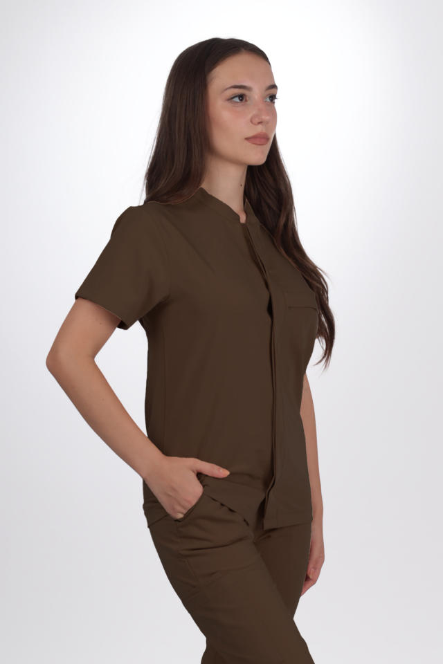 Premium Likralı SnapPrime Seri Kadın Kahverengi Scrubs