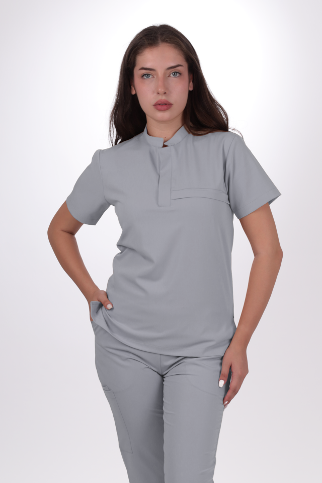 Premium Likralı Lotus Seri Kadın Açık Gri Scrubs