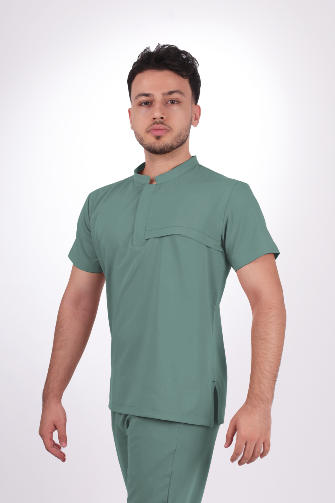 Premium Likralı Tek Cepli Çıtçıt Erkek Küf Yeşili Scrubs