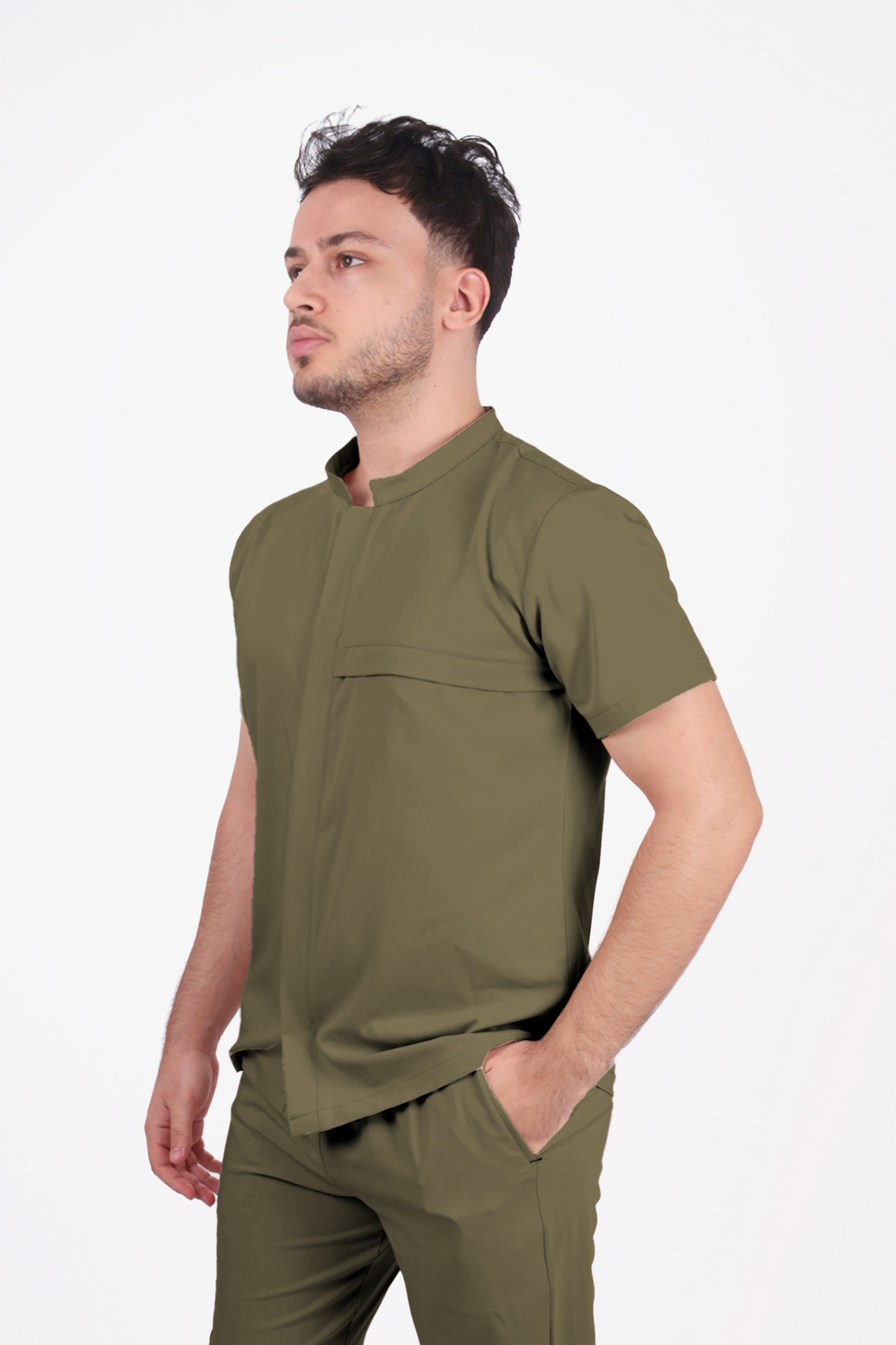 Premium Likralı Boydan Çıtçıt Seri Erkek Haki Scrubs