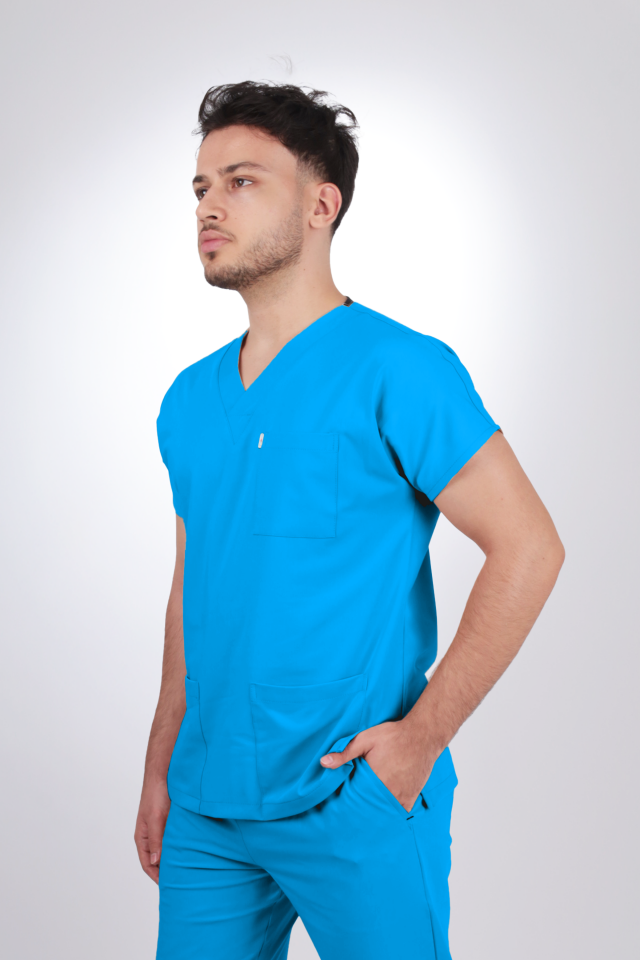 Terycoton Kumaş Klasik Seri Erkek Turkuaz Scrubs