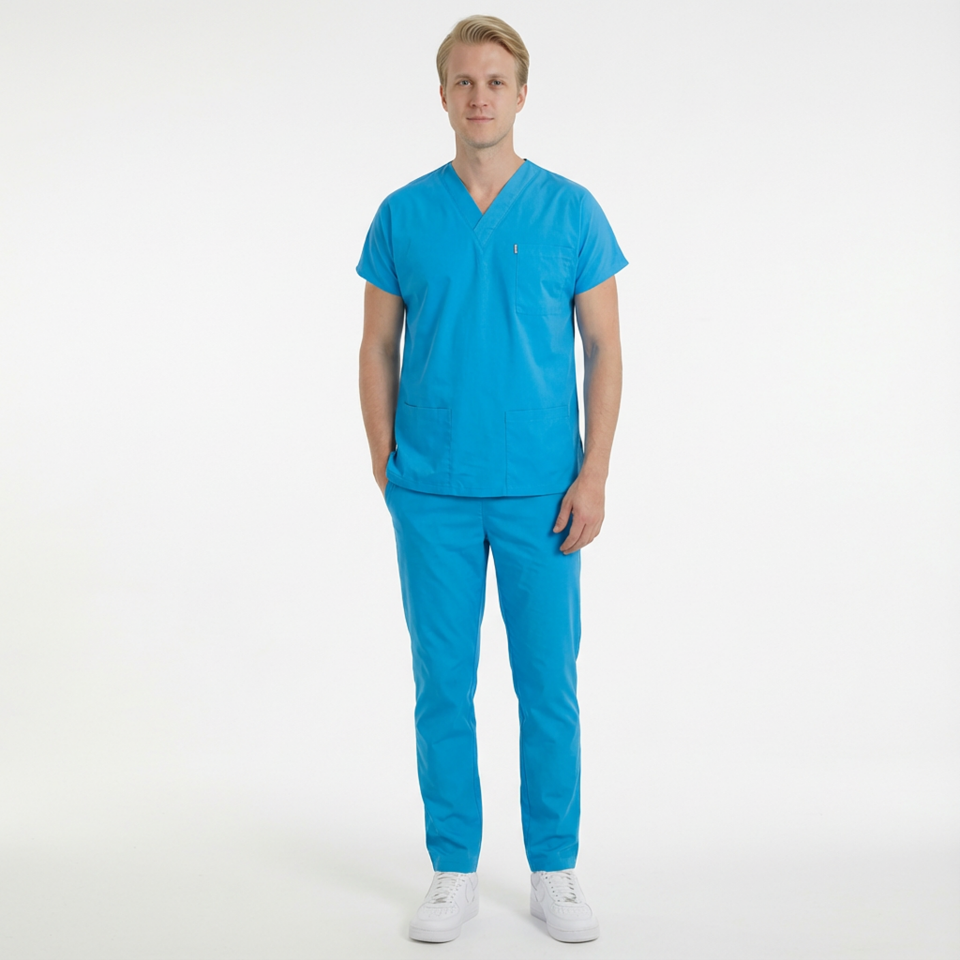 Terycoton Kumaş Klasik Seri Erkek Turkuaz Scrubs