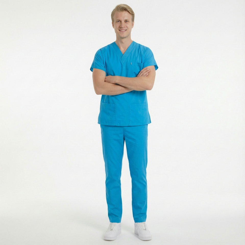 Terycoton Kumaş Klasik Seri Erkek Turkuaz Scrubs