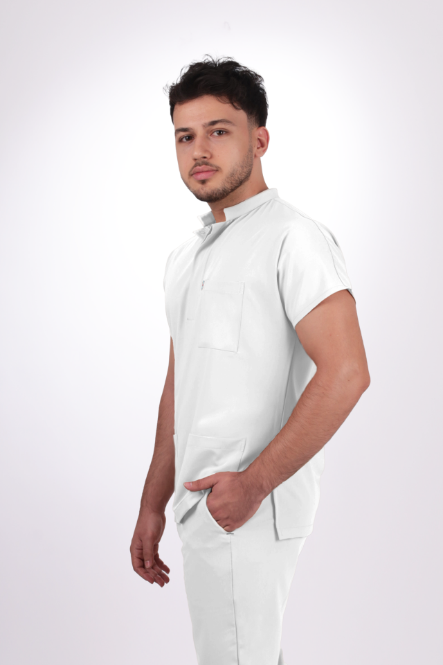 Premium Likralı Snap Seri Erkek Beyaz Scrubs