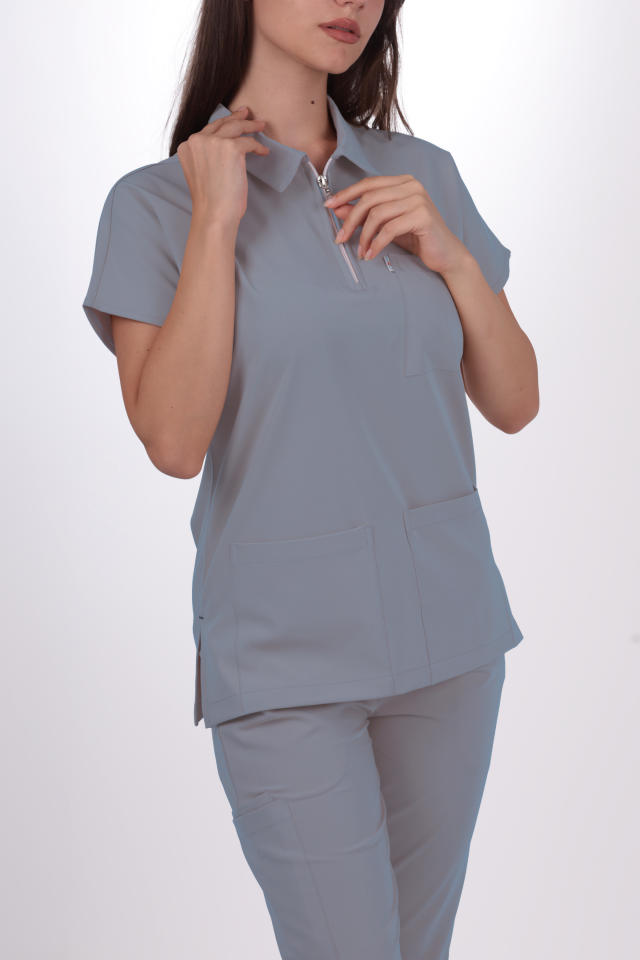 Premium Likralı Zipper Seri Kadın Pasifik Mavisi Scrubs