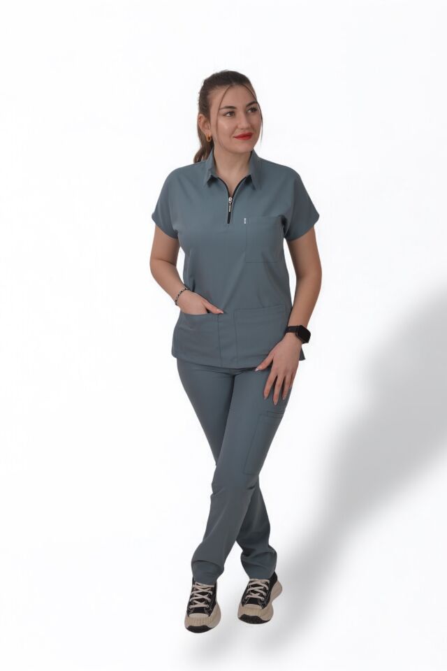 Premium Likralı Zipper Seri Kadın Okyanus Mavisi Scrubs