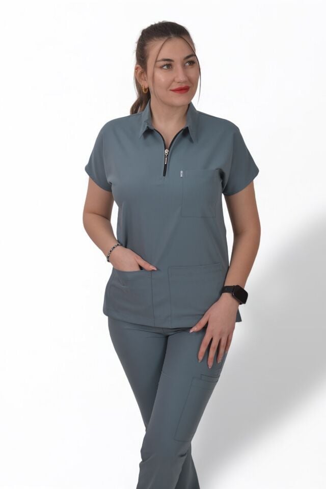 Premium Likralı Zipper Seri Kadın Okyanus Mavisi Scrubs