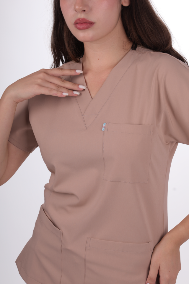 Premium Likralı Klasik Seri Kadın Karamel Scrubs