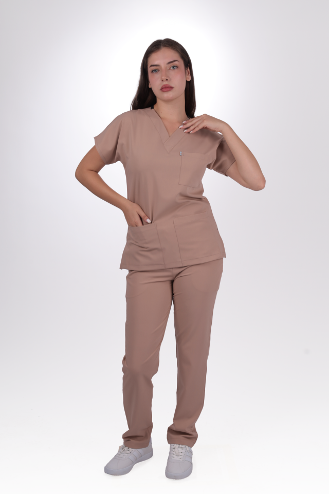 Premium Likralı Klasik Seri Kadın Karamel Scrubs