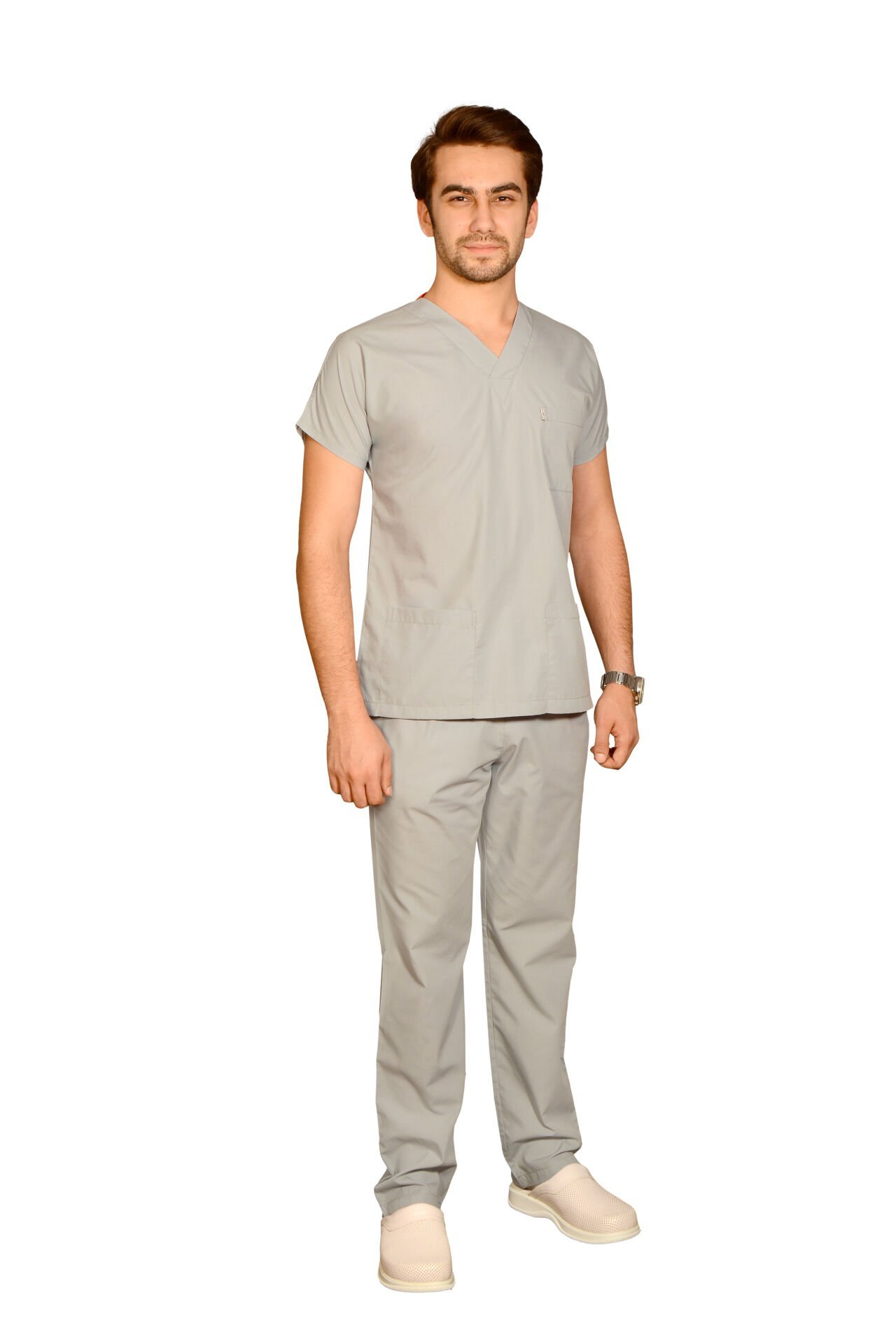 Terycoton Kumaş Klasik Seri Erkek  Açık Gri Scrubs Terycoton