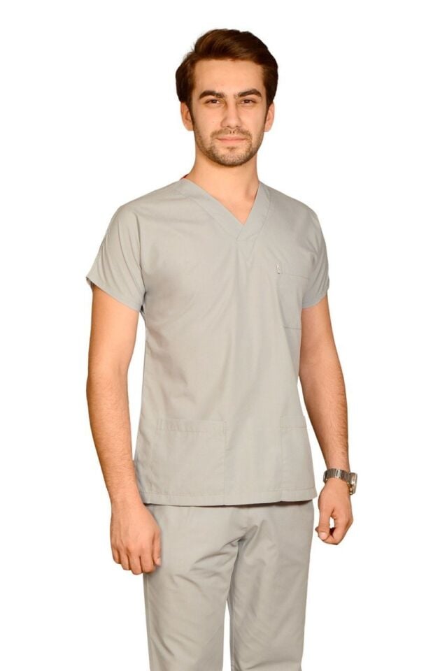 Terycoton Kumaş Klasik Seri Erkek  Açık Gri Scrubs Terycoton