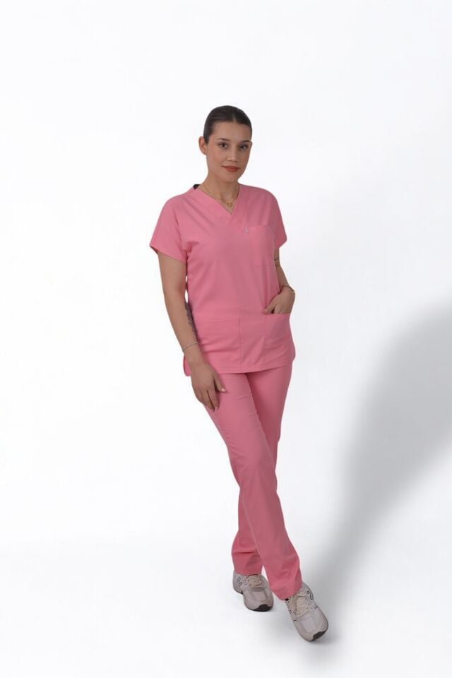 Premium Likralı Klasik Seri Kadın Pembe Scrubs