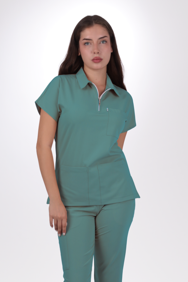 Premium Likralı Zipper Seri Kadın Petrol Yeşili Scrubs