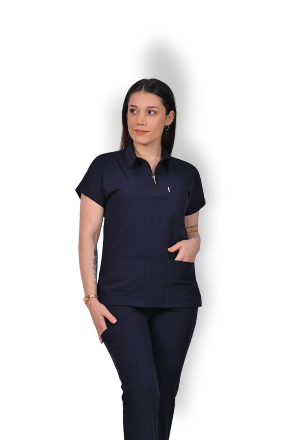 Likralı Zipper Seri Kadın Lacivert Scrubs