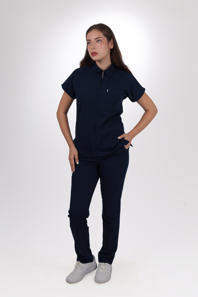 Likralı Zipper Seri Kadın Lacivert Scrubs