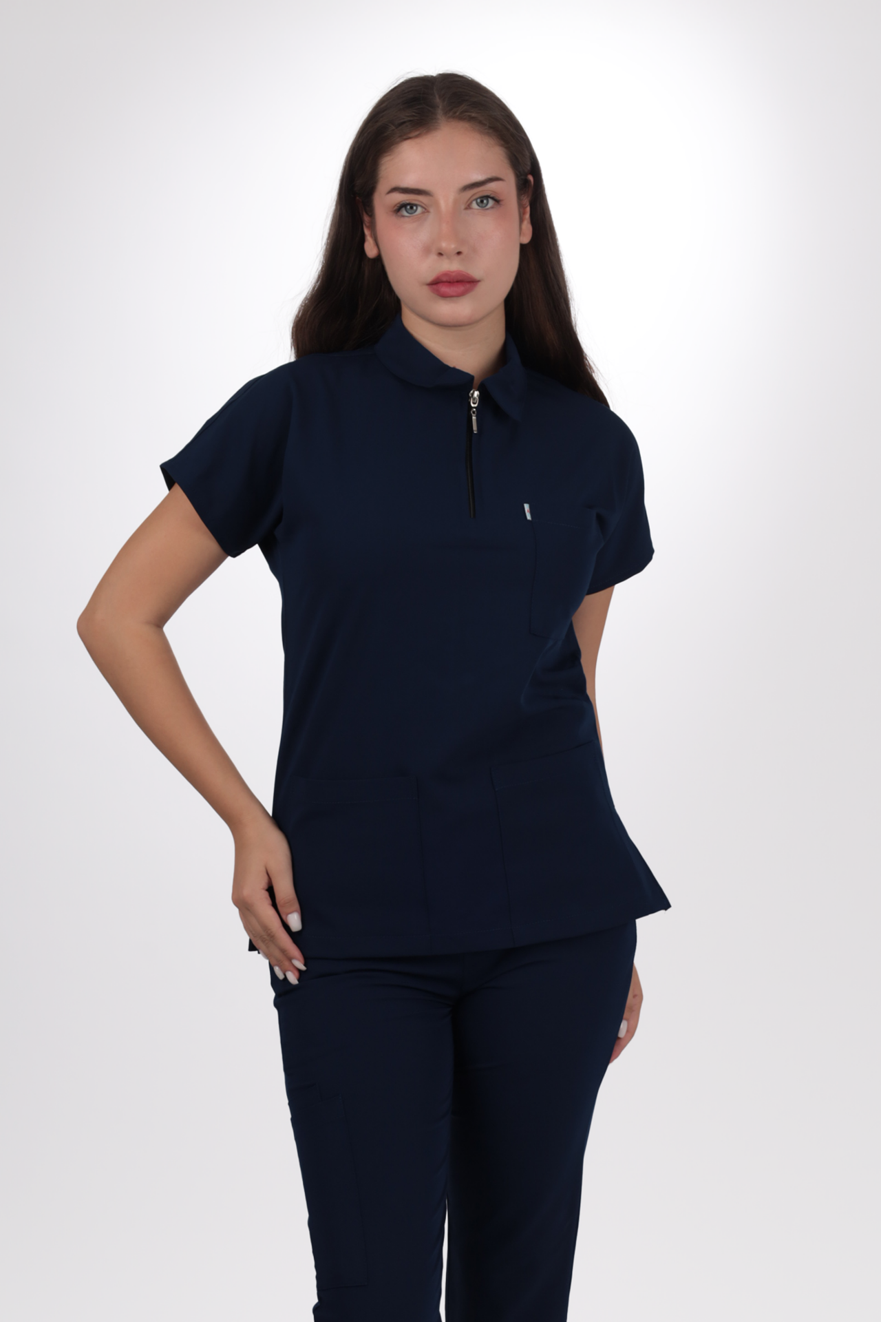 Likralı Zipper Seri Kadın Lacivert Scrubs