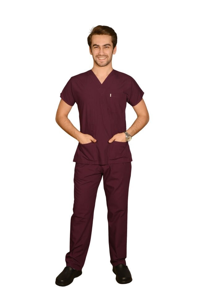 Terycoton Kumaş Klasik Seri Erkek Mürdüm  Scrubs Terycoton