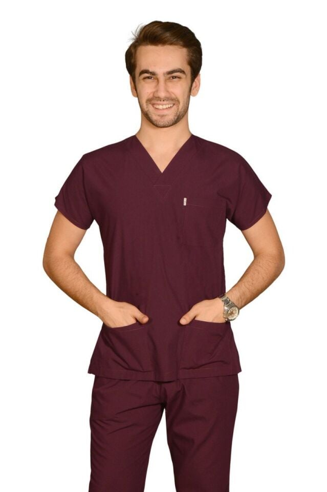 Terycoton Kumaş Klasik Seri Erkek Mürdüm  Scrubs Terycoton