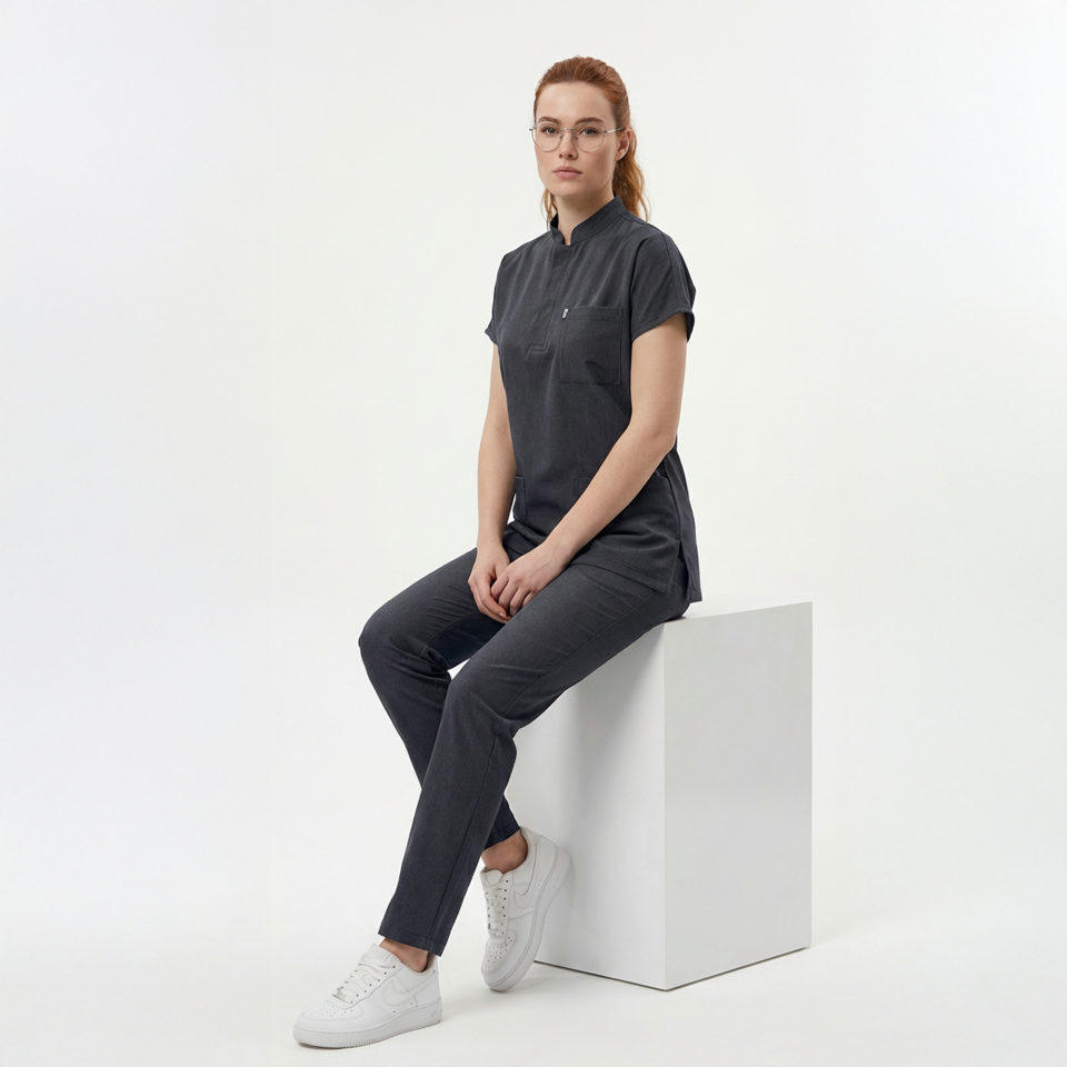 Likralı Snap Seri Kadın Antrasit Gri Scrubs