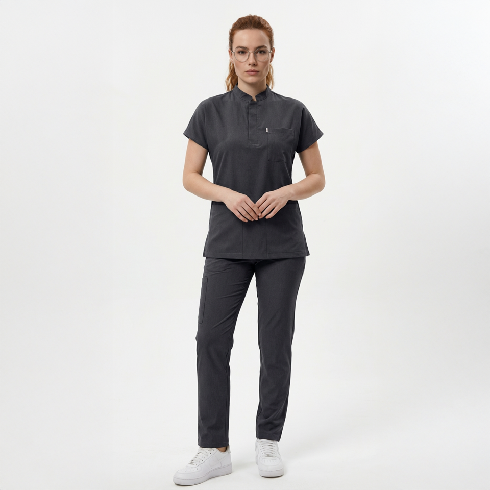 Likralı Snap Seri Kadın Antrasit Gri Scrubs