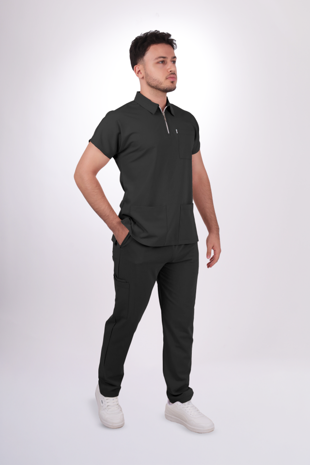 Likralı Zipper Seri Erkek Antrasit Gri Scrubs