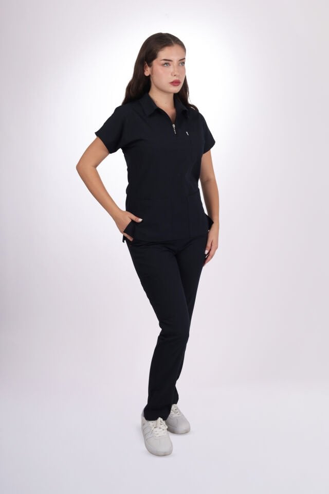 Likralı Zipper Seri Kadın Siyah Scrubs