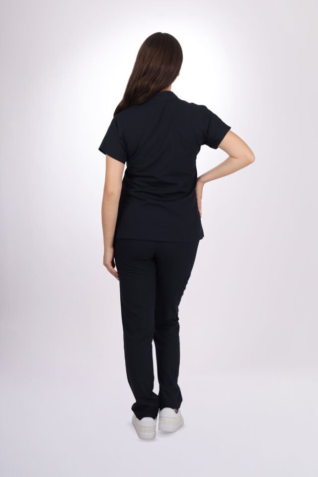 Likralı Zipper Seri Kadın Siyah Scrubs