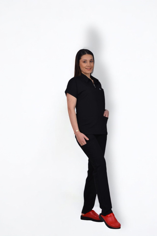 Likralı Zipper Seri Kadın Siyah Scrubs