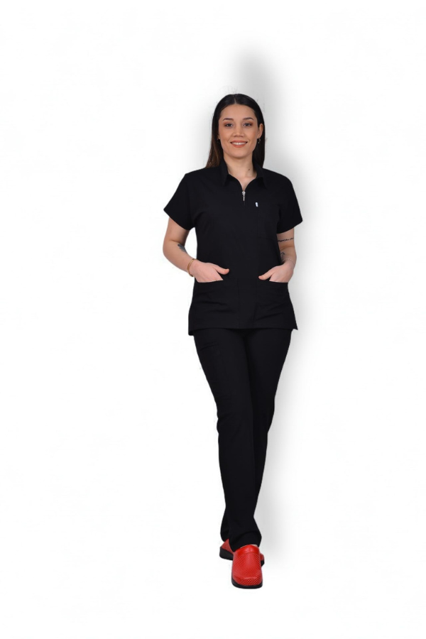 Likralı Zipper Seri Kadın Siyah Scrubs