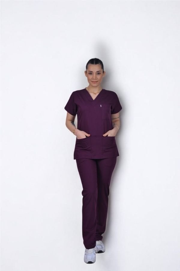 Premium Likralı Klasik Seri Kadın Mürdüm Scrubs