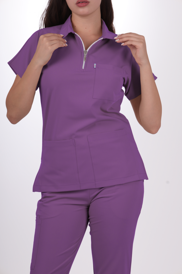 Premium Likralı Zipper Seri Kadın Platin Mor Scrubs