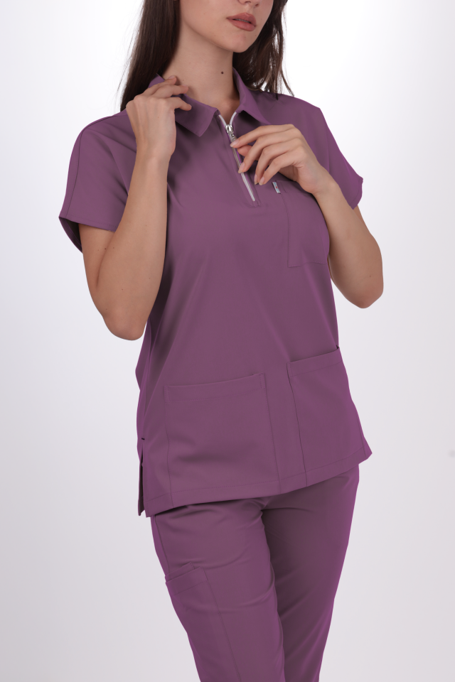 Premium Likralı Zipper Seri Kadın Platin Mor Scrubs