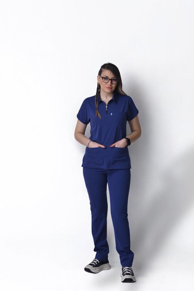 Likralı Zipper Seri Kadın Havacı Mavi Scrubs